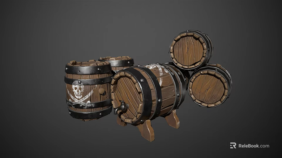 Decorative Wooden Barrel Ornament Set with Black Hoops and Wood Grain Design 3d model 