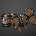 Decorative Wooden Barrel Ornament Set with Black Hoops and Wood Grain Design