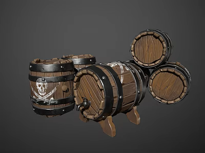 Decorative Wooden Barrel Ornament Set with Black Hoops and Wood Grain Design 3d model
