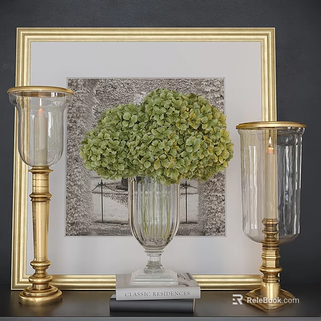 Decorative Ornament Set With Green Hydrangea In Glass Vase And Gold Candle Holders 3d model 