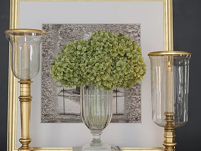Decorative Ornament Set With Green Hydrangea In Glass Vase And Gold Candle Holders 3d model