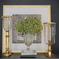 Decorative Ornament Set With Green Hydrangea In Glass Vase And Gold Candle Holders