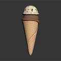 Delicious Ice Cream Cone With Vanilla Chocolate Chip And Chocolate Scoops In Waffle Cone