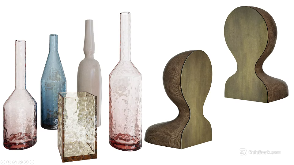 Textured Blue Beige Pink Wine Bottles With Curved Wooden Metal Decor Pieces 3d model 