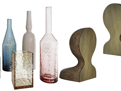 Textured Blue Beige Pink Wine Bottles With Curved Wooden Metal Decor Pieces 3d model