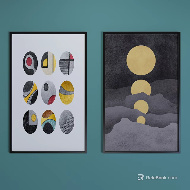 Abstract Wall Art With Circular Patterns Golden Circles And Wavy Lines On Gray 3d model