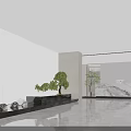 Modern Lobby Reception Desk With Marble Floor Green Plants And Decorative Stones