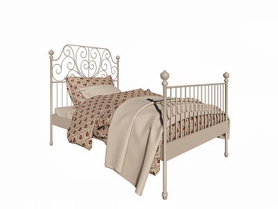 Vintage Style Single Bed with Ornate Iron Headboard and Patterned Bedding 3d model