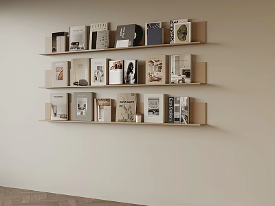 Modern Minimalist Interior With Wall Mounted Wooden Shelves Books And Magazines 3d model