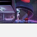 KTV Lounge Interior With Illuminated Moon Purple Blue Lighting And Radial Neon Lines