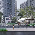 Modern Plaza Landscape with High Rise Buildings Trees Shaded Canopy Smooth Stone Pavement and People