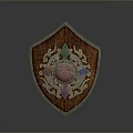 Medieval Wooden Shield With Intricate Metal Decorations And Central Circular Design