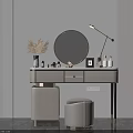 Modern White Dressing Table With Round Mirror Table Lamp Stool And Decorative Items 3d model