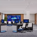 Modern Monitoring Room Interior With Control Desk Multiple Monitors Office Chairs And Gray Carpet