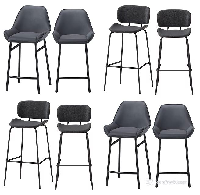 Various Style Bar Stools with Black Metal Frames and Gray Upholstery 3d model