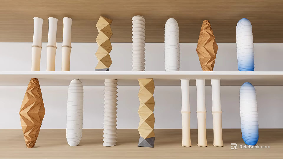 Decorative Columns with Various Shapes and Materials Displayed on Wooden Shelves 3d model 