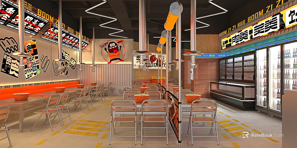 Modern Restaurant Interior With Cartoon Wall Art Hanging Pendant Lights Metal Tables And Chairs 3d model 