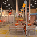 Modern Restaurant Interior With Cartoon Wall Art Hanging Pendant Lights Metal Tables And Chairs