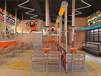 Modern Restaurant Interior With Cartoon Wall Art Hanging Pendant Lights Metal Tables And Chairs 3d model