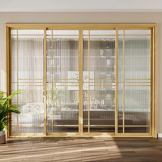 New Chinese style sliding door log glass sliding door four doors 3d model