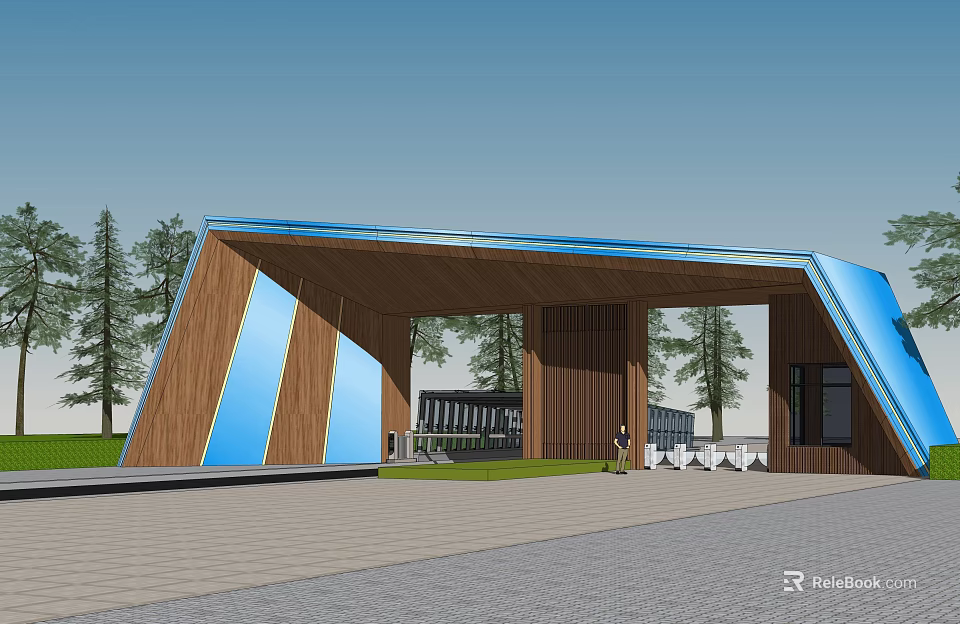 Modern Entrance Gate With Wooden And Blue Geometric Structure Surrounded By Trees And Paved Ground 3d model 