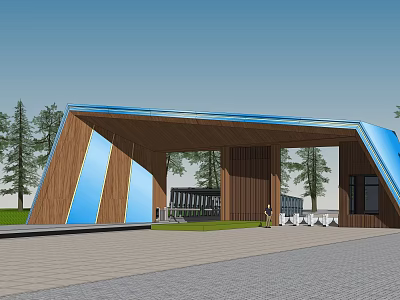 Modern Entrance Gate With Wooden And Blue Geometric Structure Surrounded By Trees And Paved Ground 3d model