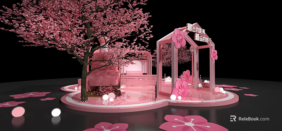 Cherry Blossom Themed Pink Scene With Tree Pavilion And Decorations 3d model