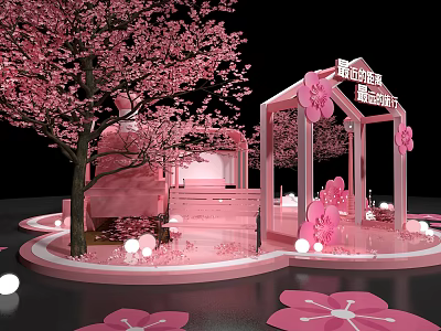 Cherry Blossom Themed Pink Scene With Tree Pavilion And Decorations 3d model