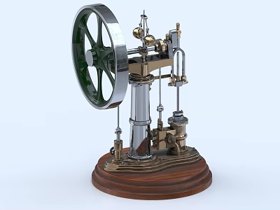 Vintage Engine Model With Green Wheel Metal Components And Wooden Base 3d model