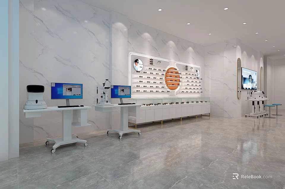 Bright Medical Devices Exhibition Hall with White Display Tables and Wall Showcases 3d model 