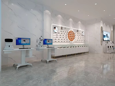 Bright Medical Devices Exhibition Hall with White Display Tables and Wall Showcases 3d model