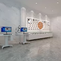 Bright Medical Devices Exhibition Hall with White Display Tables and Wall Showcases
