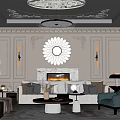Elegant Living Room Interior Design With Ornate Ceiling Fireplace Round Mirror And Chandelier