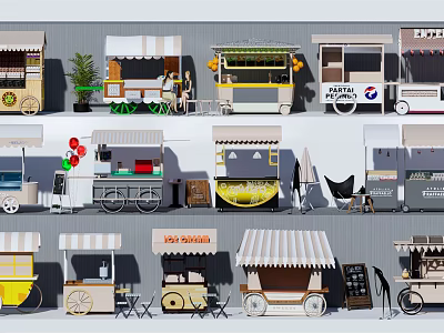 Different Style Mobile Street Food Carts With Awnings And Decorative Details 3d model