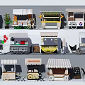 Different Style Mobile Street Food Carts With Awnings And Decorative Details