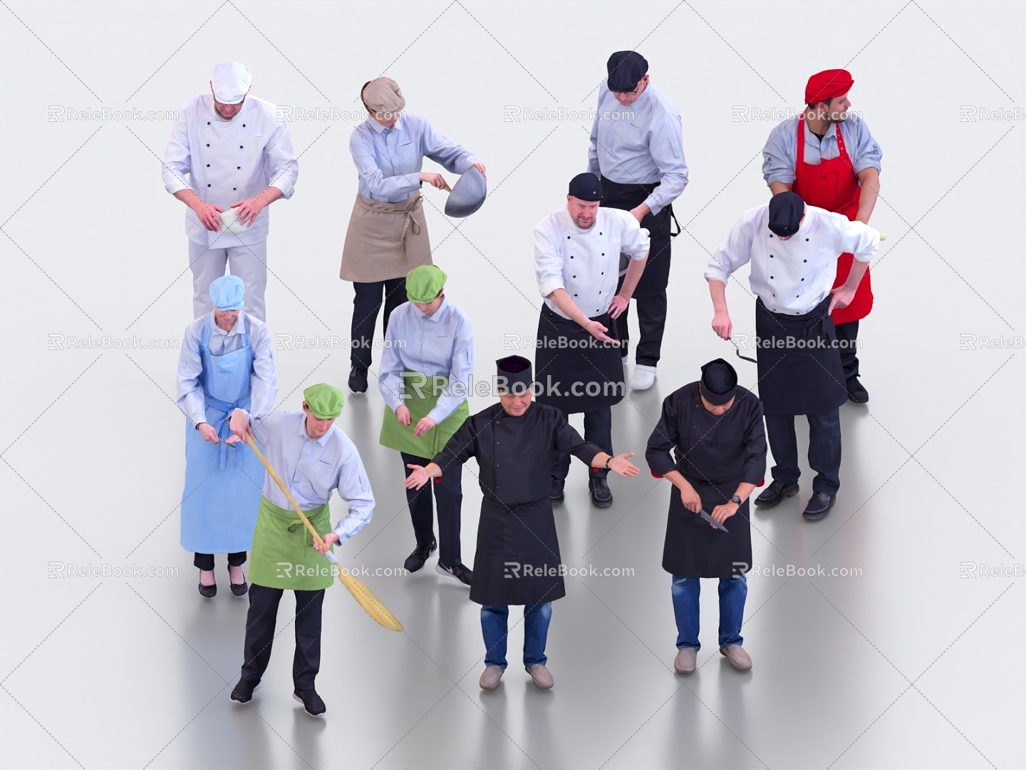 Multi-person chef, kitchen staff, restaurant staff, waiter 3d model