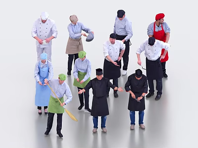 Group of Chefs in Different Colored Uniforms Preparing Food Together in Kitchen Workspace 3d model