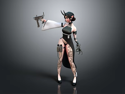 3D Female Character Model With Horns Holding Gun In Black Green Outfit And High Heels 3d model