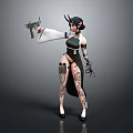 3D Female Character Model With Horns Holding Gun In Black Green Outfit And High Heels