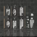 Contemporary Urinal Setup In Dark Bathroom With Multiple Units Hooks And Accessories 3d model