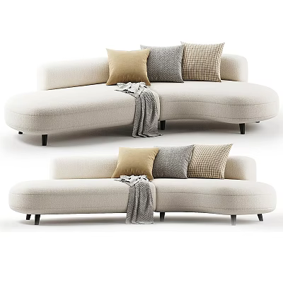 Beige Curved Fabric Two Seater Sofa with Yellow Gray Checkered Pillows Throw and Black Legs 3d model