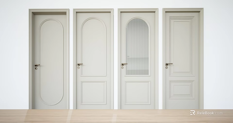 Modern Light Colored Hinged Doors With Various Interior Designs And Handles 3d model 