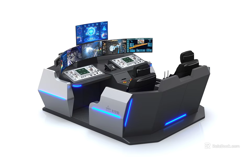 High Tech Console Desk And Chair Set With Multiple Screens Control Panels And Blue Lights 3d model 