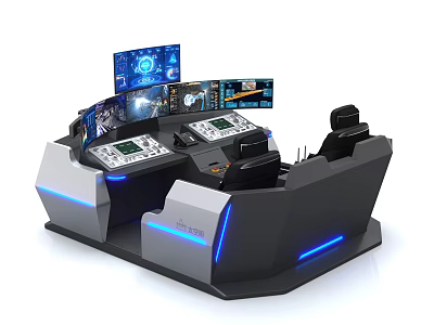 High Tech Console Desk And Chair Set With Multiple Screens Control Panels And Blue Lights 3d model