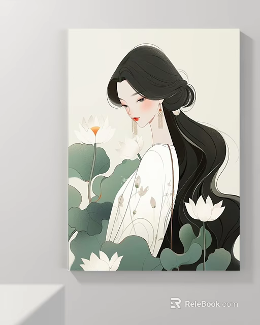 Traditional Oriental Female Figure Painting with Long Black Hair White Dress and Lotus Leaves 3d model 