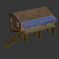 Wooden House Exterior with Brown Roof Blue Awning on Stilts and Wooden Stairs