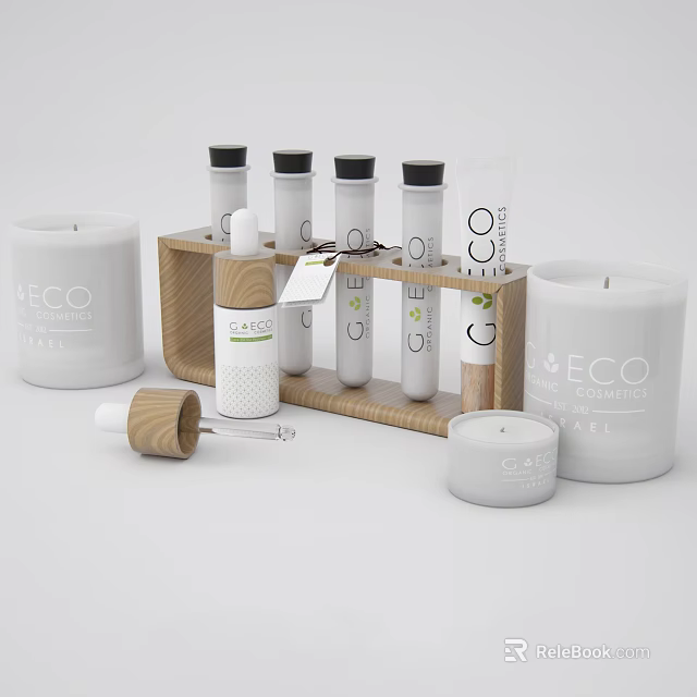 Eco Friendly Decorative Ornament Set with Wooden Rack Candles Bottles and Fragrance Dropper 3d model 