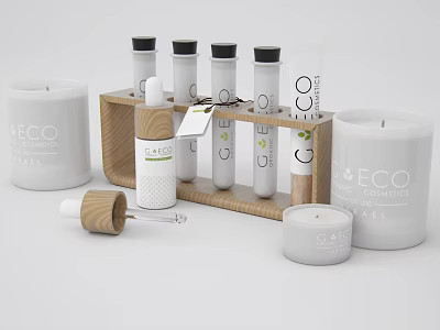 Eco Friendly Decorative Ornament Set with Wooden Rack Candles Bottles and Fragrance Dropper 3d model
