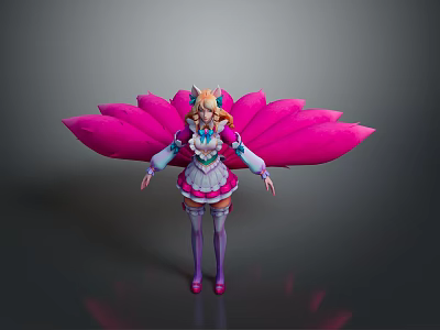 Fantasy Female Character With Cat Ears Large Pink Wings White And Pink Dress And Stockings 3d model
