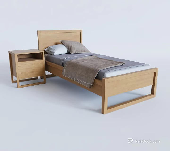 Modern Single Bed With Wooden Frame Headboard Pillows Blanket And Matching Nightstand 3d model 